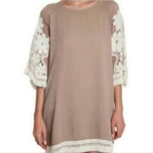 Umgee Tan Crochet Macrame Fringe Cream Bell Sleeve Fall Dress Small